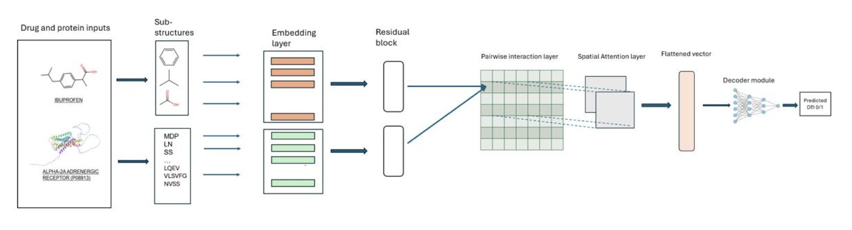 An infographic showing the concept of the SAM-DTI model. On the left is a 3D structure representing a drug molecule, and on the right is a 3D structure of a protein target. Arrows and lines connect them, highlighting key interaction areas, symbolizing how the model uses a spatial attention mechanism to predict drug-target binding.
