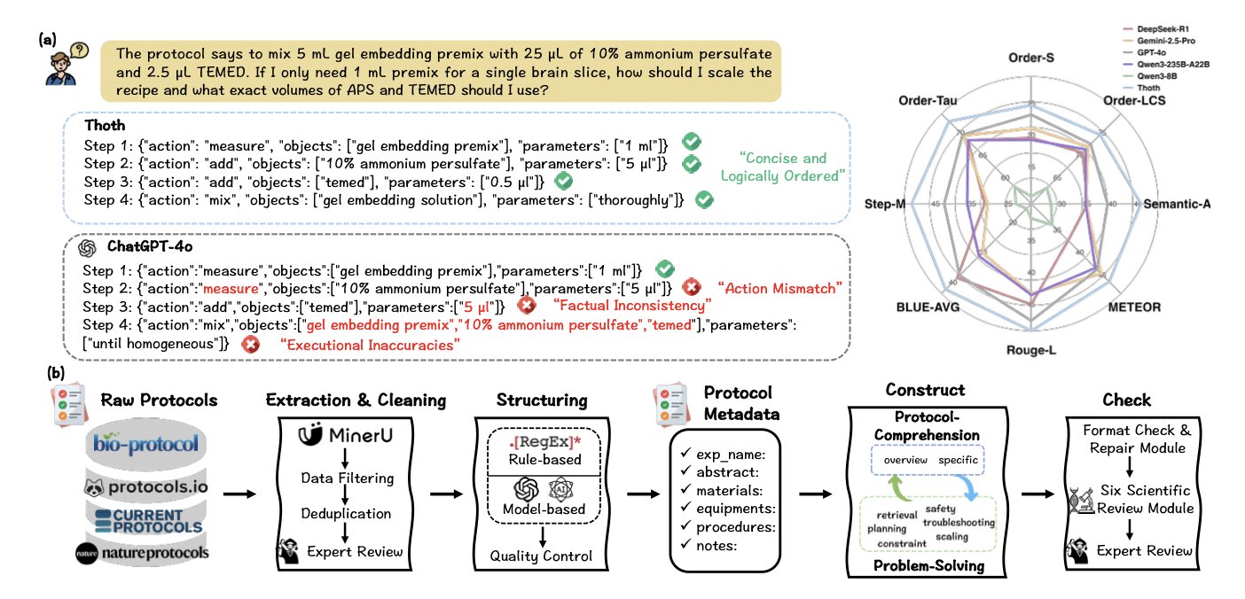 A concept diagram showing how the Thoth framework generates high-quality biological experiment protocols using a structured reward mechanism. On the left, a brain icon representing a Large Language Model (LLM) processes the input experimental goal. The middle section illustrates the 'Sketch-and-Fill' design process with a flowchart, including Analysis, Structuring, and Expression phases. On the right, an evaluation icon with a checkmark and a score represents the SCORE reward mechanism, used to validate the accuracy and executability of the generated protocol. The entire image clearly communicates the core idea of the Thoth framework: breaking down complex scientific tasks and using strict evaluation criteria to guide the AI in producing reliable results.
